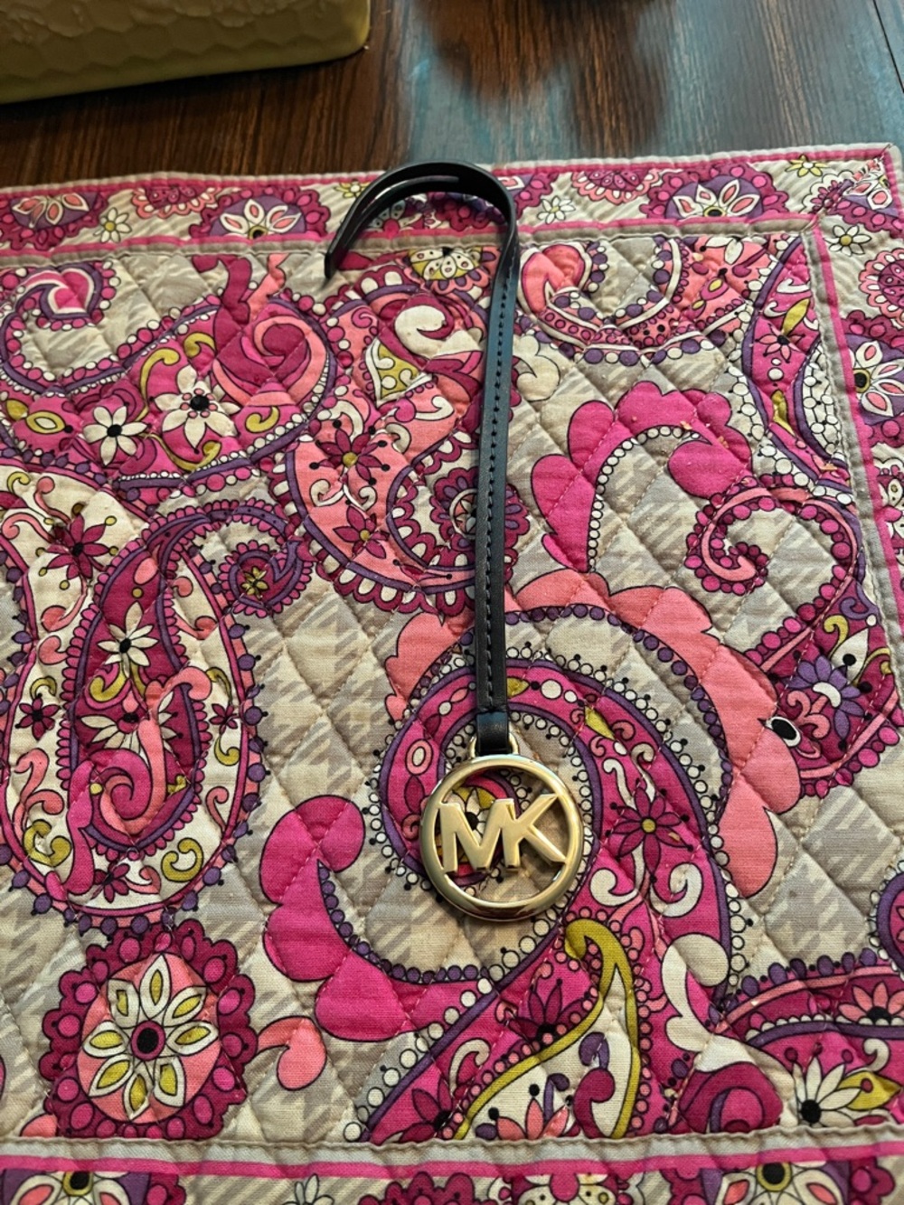 Michael Kors Black Leather Strap Bag Charm with Gold MK Pendant